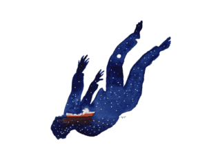 Illustration von einem Mensch der rückwerts fällt. Das Innere der Illustrationen des Menschens stellt das dunkelblaue offene Meer und einen Sternenhimmel dar durch die ein rot-weißes Schiff fährt.