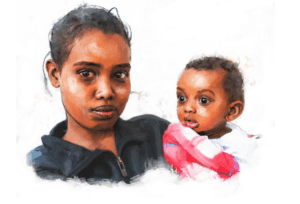 Illustration einer Frau mit ihrem Kind auf dem Arm.